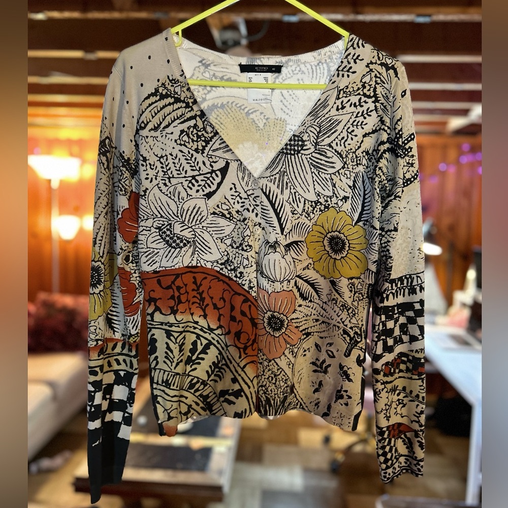 ETRO Milano button up cardigan - floral and line art design